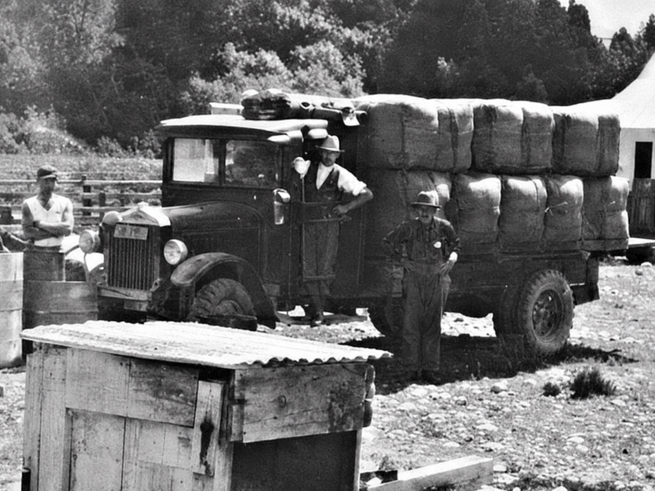 Loading wool bales onto the truck at Mesopotamia Station